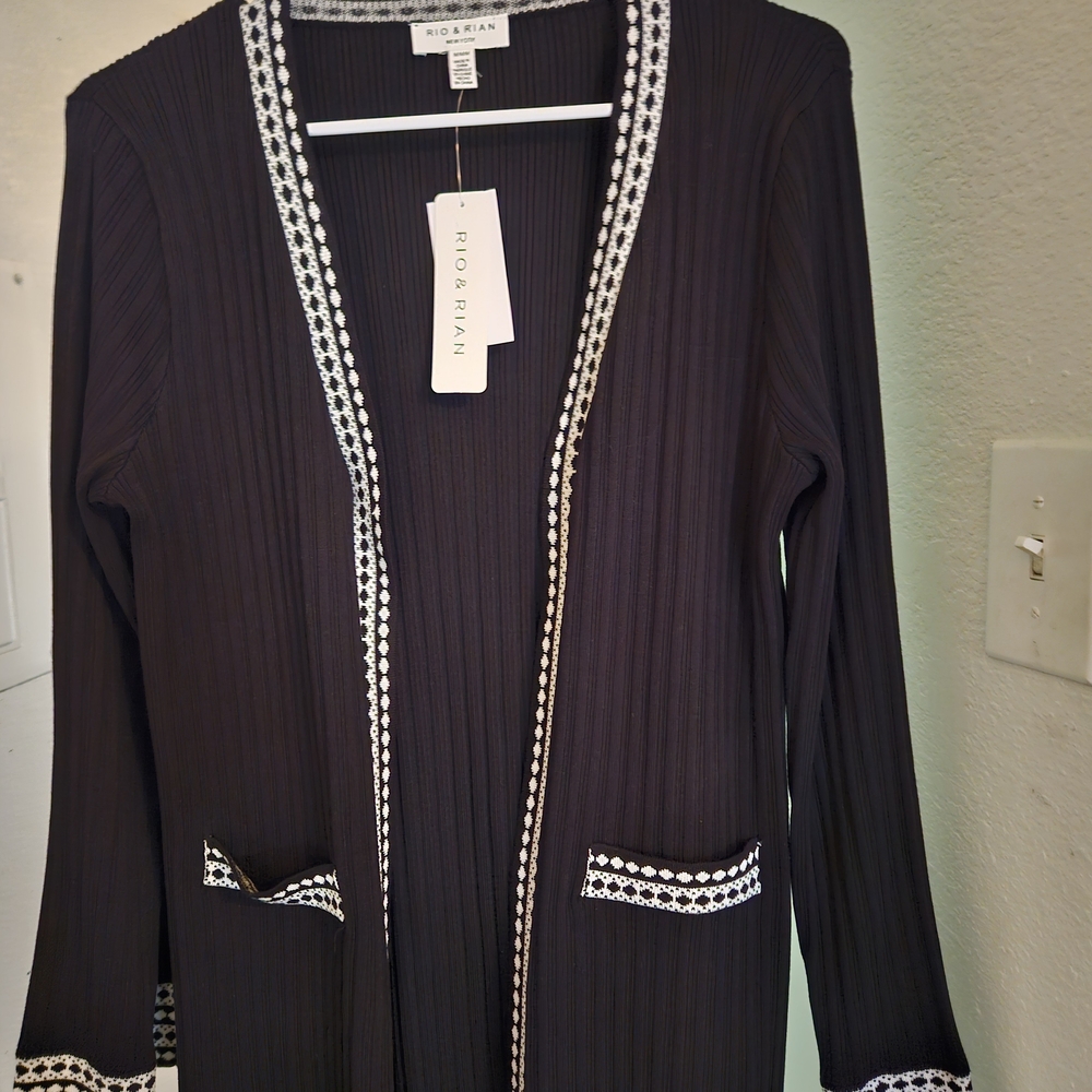 Black Open Front Cardigan with Contrast Trim